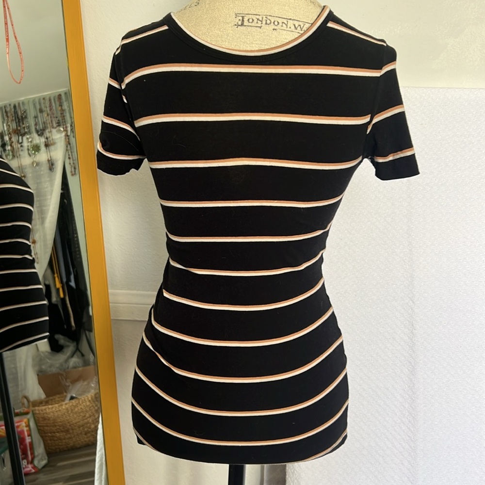 Striped Black and Pink Women's Top Stretchy Short Sleeve Tee Sz. XS by H&M